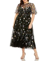 Mac Duggal - Embellished Sequin Flutter Sleeve Illusion High Neck Midi Dress - Lyst