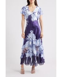 Komarov - Flutter Sleeve Charmeuse & Chiffon Maxi Cocktail Dress - Lyst