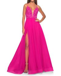 La Femme - Illusion Lace Bodice A-Line Tulle Prom Dress With Slit - Lyst