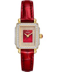 Michele - Mini Deco Madison Special Edition Two-Tone 18K Plate Diamond Pavé Leather Strap Watch, 23Mm X 24Mm - Lyst