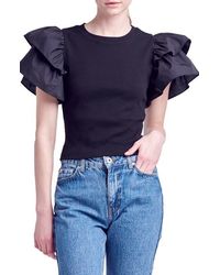 English Factory - Mix Media Ruffle Sleeve Cotton Rib Top - Lyst