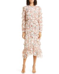 Saloni - Floral Print Ruffle Long Sleeve Silk Maxi Dress - Lyst