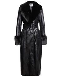 Stand Studio - Estella Belted Faux Leather Coat With Faux Fur Trim - Lyst