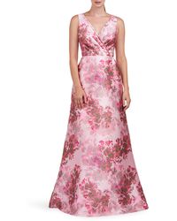 Kay Unger - Opal Floral Pleated Surplice V-neck Satin Gown - Lyst