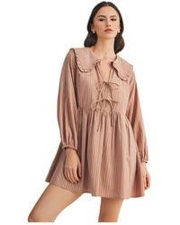 Knit & Lounge - Striped Mini Dress With Ruffle Collar And Front Tie Detail - Lyst