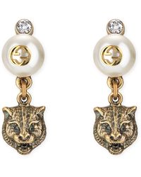 Feline Head Faux Pearl Earrings , Metallic