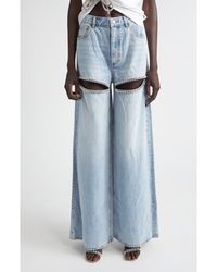 Area - Crystal Slit Cotton Denim Wide Legs Jeans - Lyst