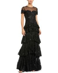 Mac Duggal - Short Sleeve Tiered Mesh Gown With Embellishments - Lyst