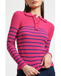Isaac Mizrahi New York - Stripe Ruffle Rib Polo Sweater - Lyst