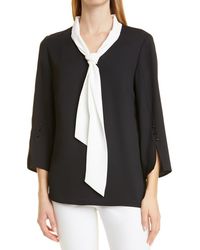 Misook - Contrast Tie V-Neck Crepe De Chine Blouse - Lyst