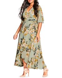 City Chic - Print Tie Waist Maxi Dress - Lyst