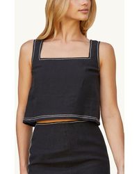Crescent - Embroidered Contrast Stitch Square Neck Linen Top - Lyst
