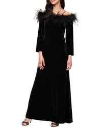 Alex Evenings - Maribou Detail Off The Shoulder Long Sleeve Velvet Gown - Lyst