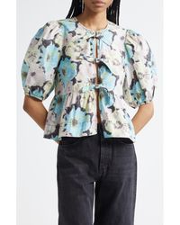 Ganni - Print Puff Sleeve Peplum Organic Cotton Top - Lyst