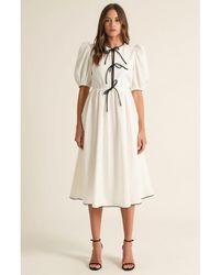 Modenaire - Puff Sleeve Midi Dress With Tiered Front Ties And Contrast Trim - Lyst