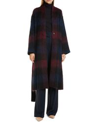 Vince Brushed Plaid Long Coat - Blue