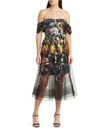 Marchesa - Embroidered Floral Off The Shoulder Midi Dress - Lyst