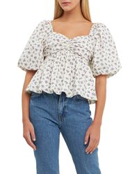 English Factory - Floral Print Puff Sleeve Babydoll Top - Lyst