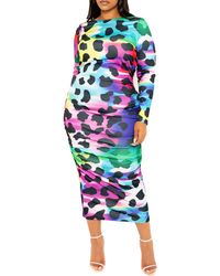Buxom Couture - Animal Print Ruched Long Sleeve Body-con Dress - Lyst