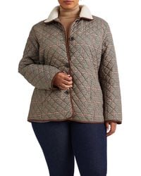 Lauren by Ralph Lauren - Quilted Houndstooth Jacket With Faux Shearling Collar - Lyst