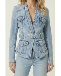 Modenaire - Denim Blazer With Belted Waist And Utility Pocket Detail - Lyst