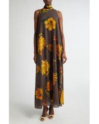 Lela Rose - Floral Print Tie Neck Sleeveless Chiffon Maxi Dress - Lyst
