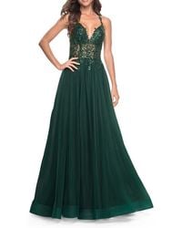 La Femme - Tulle A-Line Gown With Sheer And Beaded Lace Detail - Lyst