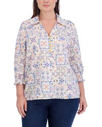 Foxcroft - Alexis Watercolor Print Smocked Sleeve Cotton Popover Top - Lyst