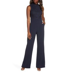 Vince Camuto Mock Neck Lace & Crepe Jumpsuit - Blue