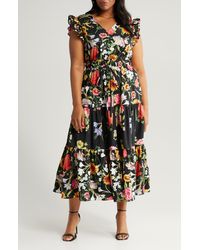 Anne Klein - Floral Ruffle Drawstring Waist Cotton Maxi Dress - Lyst