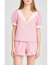 Wayf - Emma Eyelet Trim Plaid Button-Up Top - Lyst