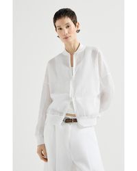 Brunello Cucinelli - Cotton Organza Broderie Anglaise Bomber Jacket With Zip And Monili - Lyst