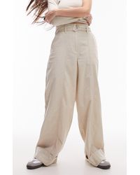 TOPSHOP - Belted Cotton & Linen Wide Leg Trousers - Lyst