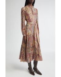 Etro - Paisley Print Long Sleeve Belted Crepon Midi Dress - Lyst