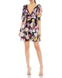 Mac Duggal - Floral Chiffon Gown With Plunge V-Neck, Shoulder Bows & Ruffled Tiered Skirt - Lyst
