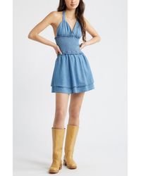 BP. - Tie Neck Tiered Halter Denim Minidress - Lyst