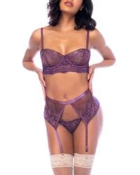 MAPALE - Embroidered Mesh Underwire Bra, Thong & Garter Belt Set - Lyst