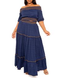 Buxom Couture - Smocked Off The Shoulder Puff Sleeve Top & Maxi Skirt Set - Lyst