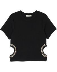 Sandro - Crystal-embellished Cut-out Stretch-woven Top - Lyst