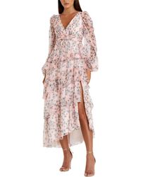 Mac Duggal - Elegant Puff Sleeve Floral Midi Dress With A-Line Silhouette And Side Pockets - Lyst