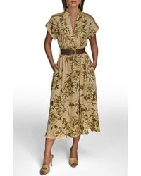 Donna Karan - Floral Short Sleeve Belted A-Line Midi Dress - Lyst