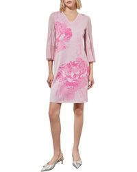 Ming Wang - Floral Print Metallic Pleated Sleeve Shift Dress - Lyst