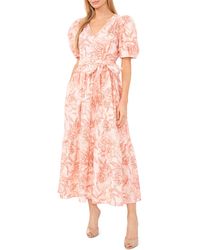 Cece - Floral Puff Sleeve Linen Blend Dress - Lyst