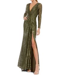 Ieena for Mac Duggal - Sequin Long Sleeve Faux Wrap Gown - Lyst