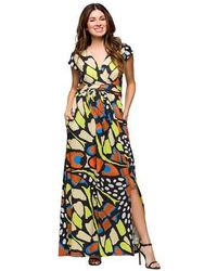 24seven Comfort Apparel - Maternity Butterfly Print Cap Sleeve V-Neck Side Slit Pocket Maxi Dress - Lyst