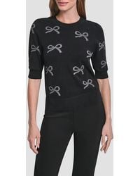 DKNY - Sequin Bow Embellished Short Sleeve Cotton Blend Crewneck Sweater - Lyst