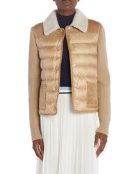Moncler - Wool Knit & Quilted Nylon Cardigan With Genuine Shearling Collar - Lyst