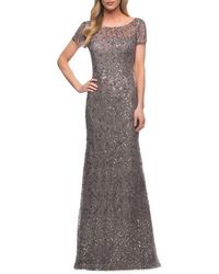 La Femme - Beaded Long Dress With Illusion Top And Sleeves - Lyst