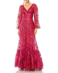Mac Duggal - V Neck Puff Sleeve A Line Embroidered Gown - Lyst