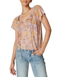Lucky Brand - Print Tie Neck Peasant Top - Lyst